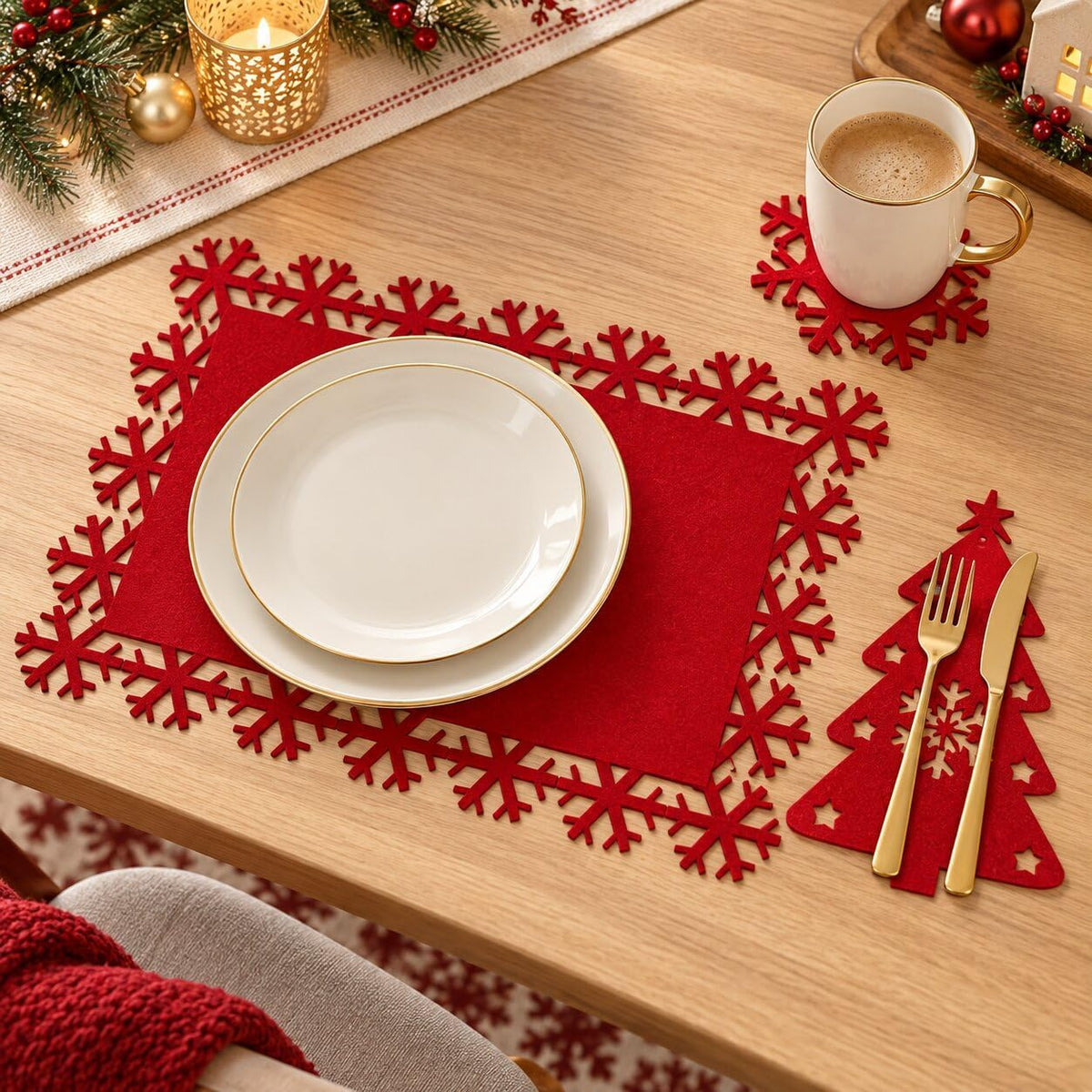 24 Pcs Red and Green Christmas Felt Place Mats and Coasters Set