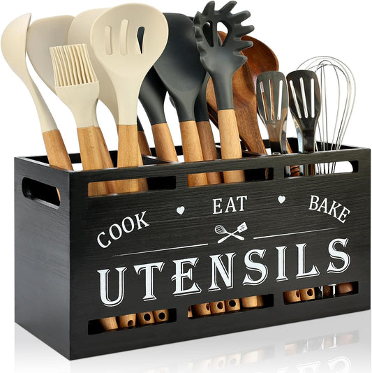 Large Black Wood Utensil Holder for Kitchen Decor Spoon Spatula Organizer