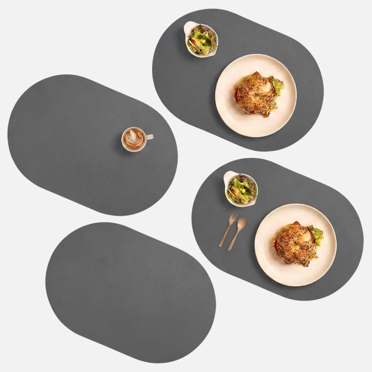 Oval Silicone Placemats – Heat Resistant, Waterproof, Easy to Clean Non-Slip Modern Dining Table Mats – Premium Leather Textured Japandi Kitchen Decor, Chifon Beige, 4, Without Coasters