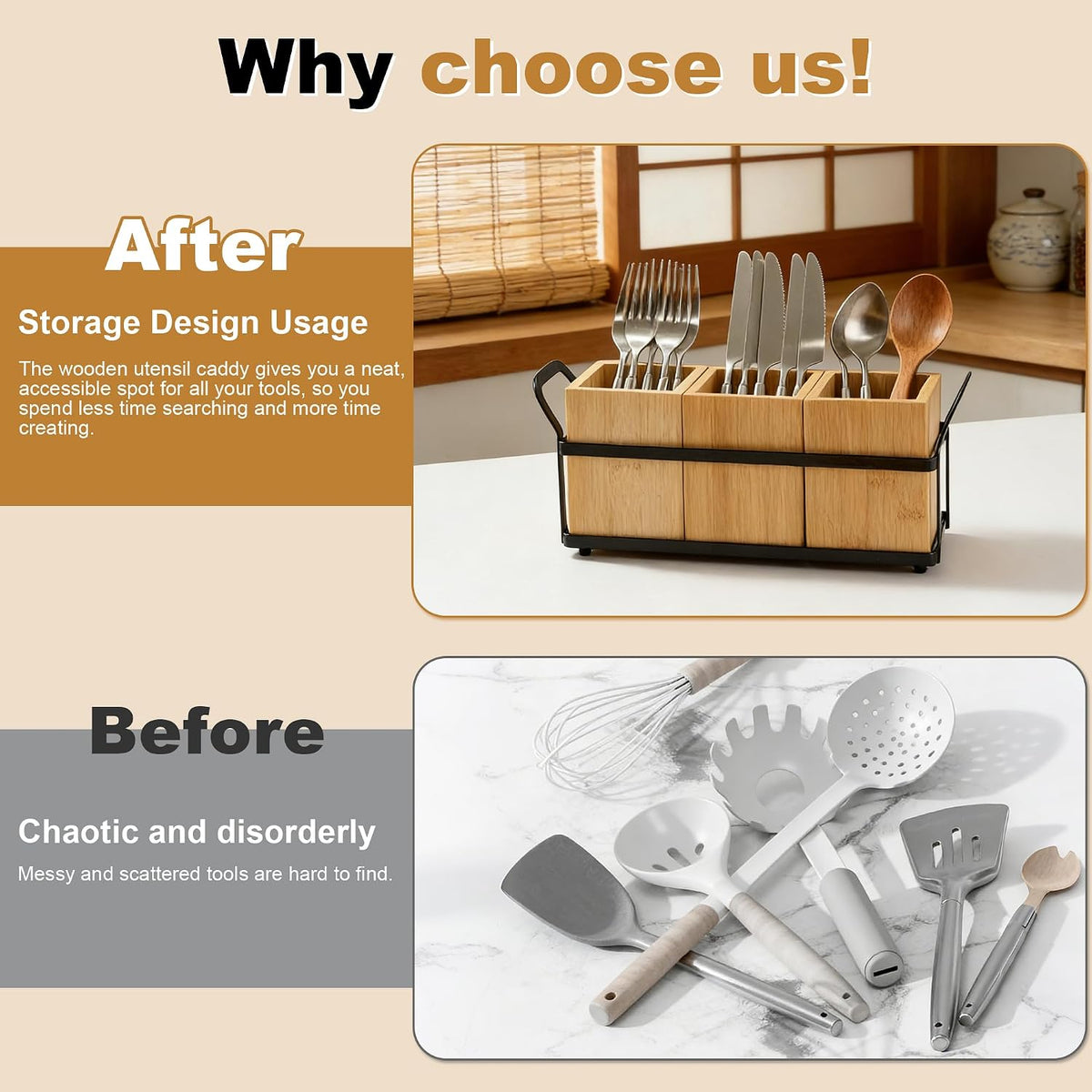 Bamboo Silverware Caddy for Kitchen Countertop, Wooden Utensil Holder
