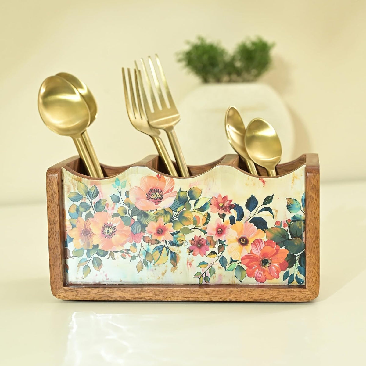 Brick Brown ® Premium Wooden Pastel Flora Cutlery Holder Spoon stand for kitchen | cutlery holder for dining table | wooden caddy storage organiser stand with 3 section Caddy holder (8.2x4.2x4 inch)