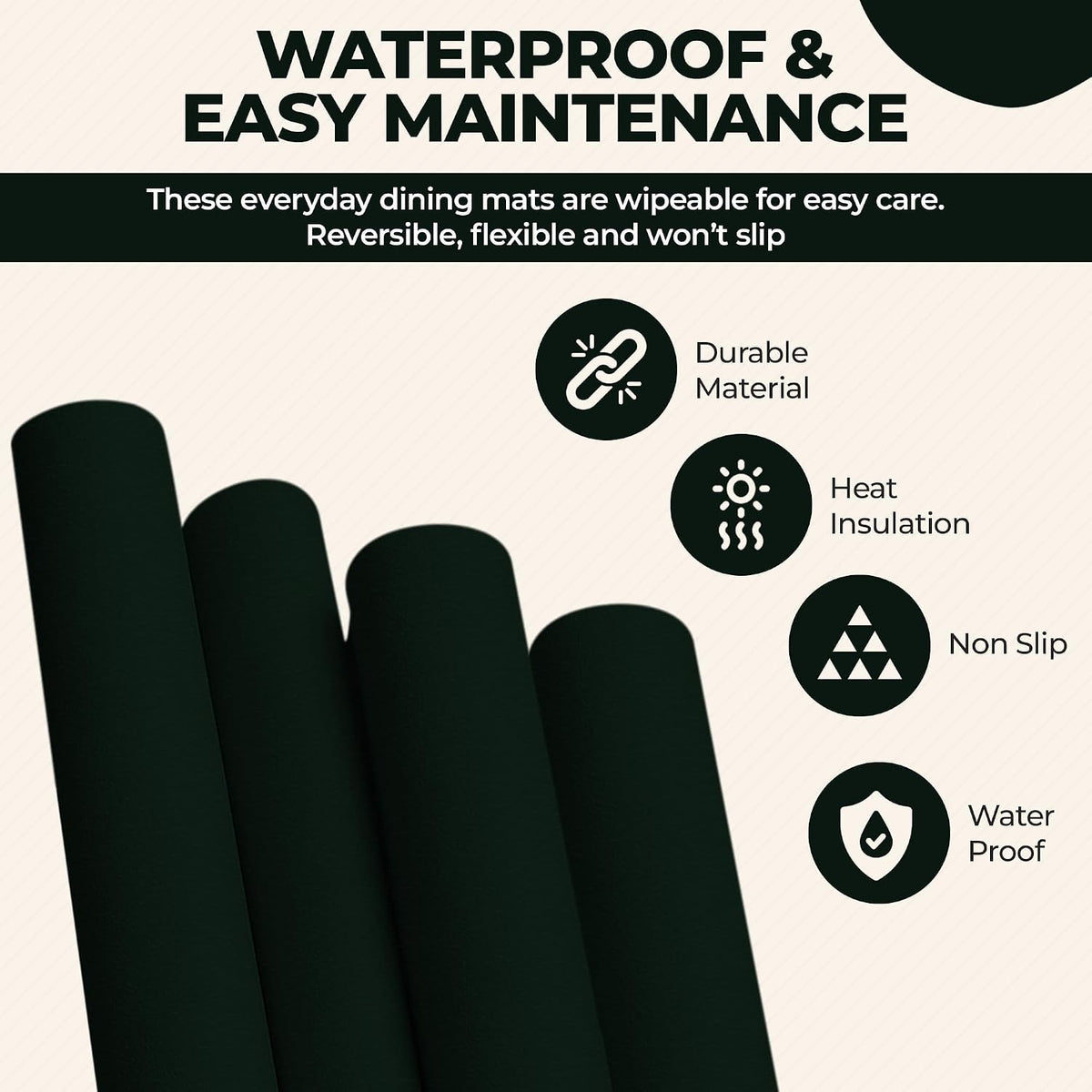 Faux Leather Placemats and Coasters - Set of 4 Round Modern Dark Green Table Mats for Dining - Heat Resistant, Waterproof & Non Slip Place mat for Indoor & Outdoor - Wipeable for Easy Care