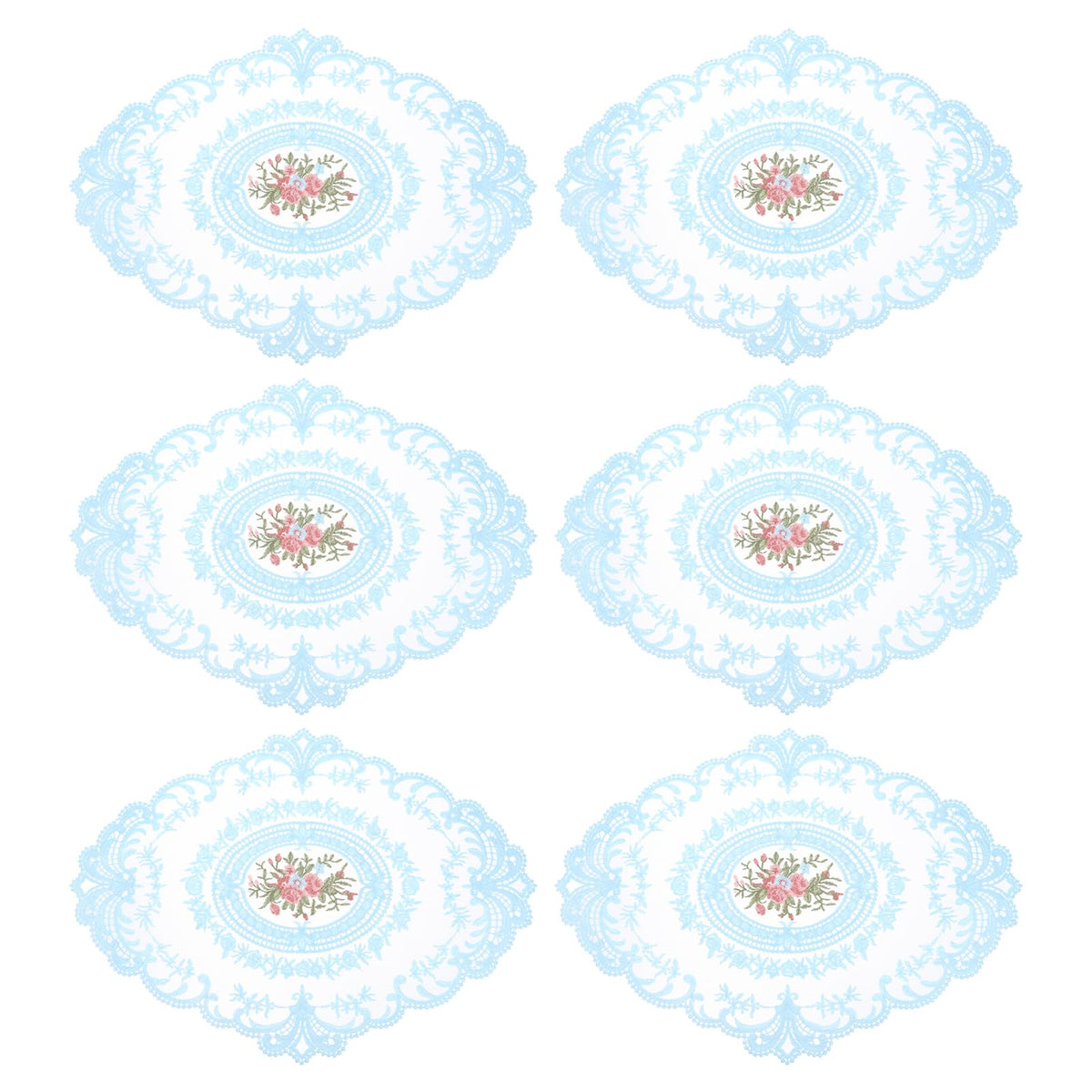 uxcell 6Pack Retro Lace Placemat 12x16-in Oval Embroidered Table Place Mats French Crochet Doilies Coasters Cup Mat for Home Wedding, Sapphire Blue