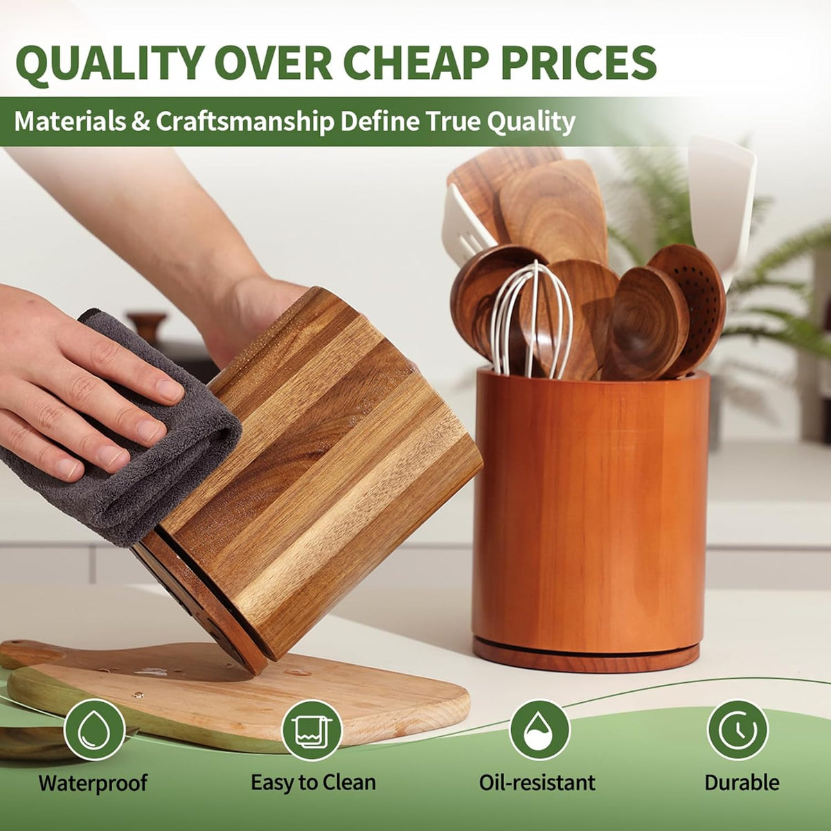 Acacia Wood Utensil Holder, 360° Rotating 7.3 in Kitchen Organizer