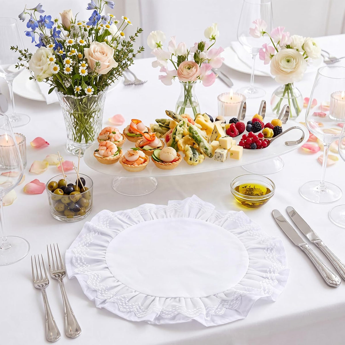 Set of 6 White Ruffled Round Placemat, Lace Embroidered Place Mat, 15.7''