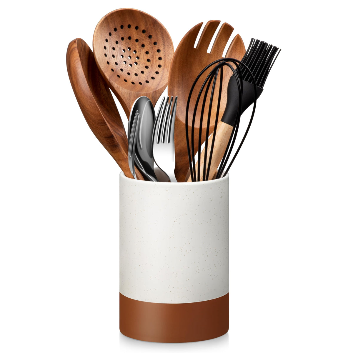 MALACASA Utensil Holder, 7.3"+5.5" Ceramic Kitchen Utensil Holder for Countertop, Large Cooking Utensil Crocks for Kitchen Counter, Farmhouse Utensils Organizer, Set of 2, Khaki White, Series TARA