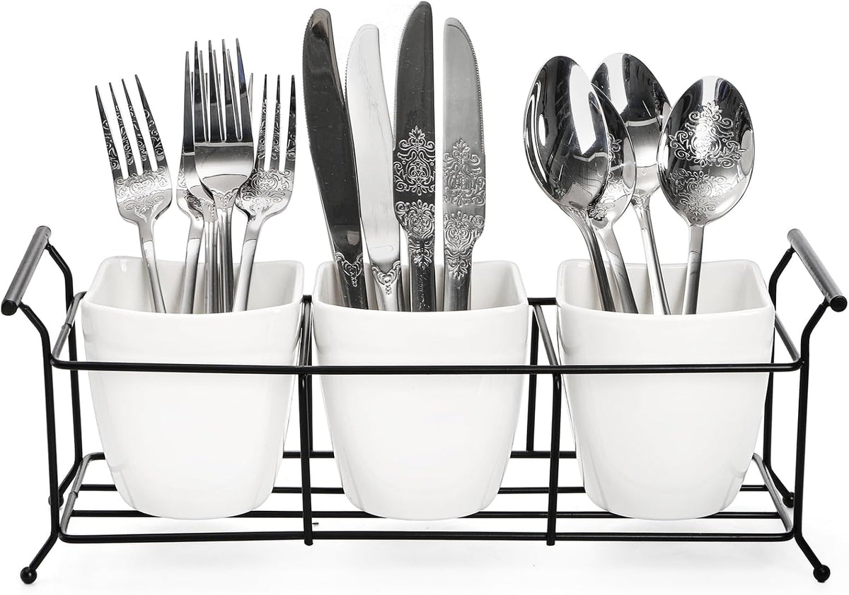 Bekith 3-Piece Ceramic Flatware Caddy with Metal Rack, Utensil Holder Silverware Caddy Cutlery Organizer, White