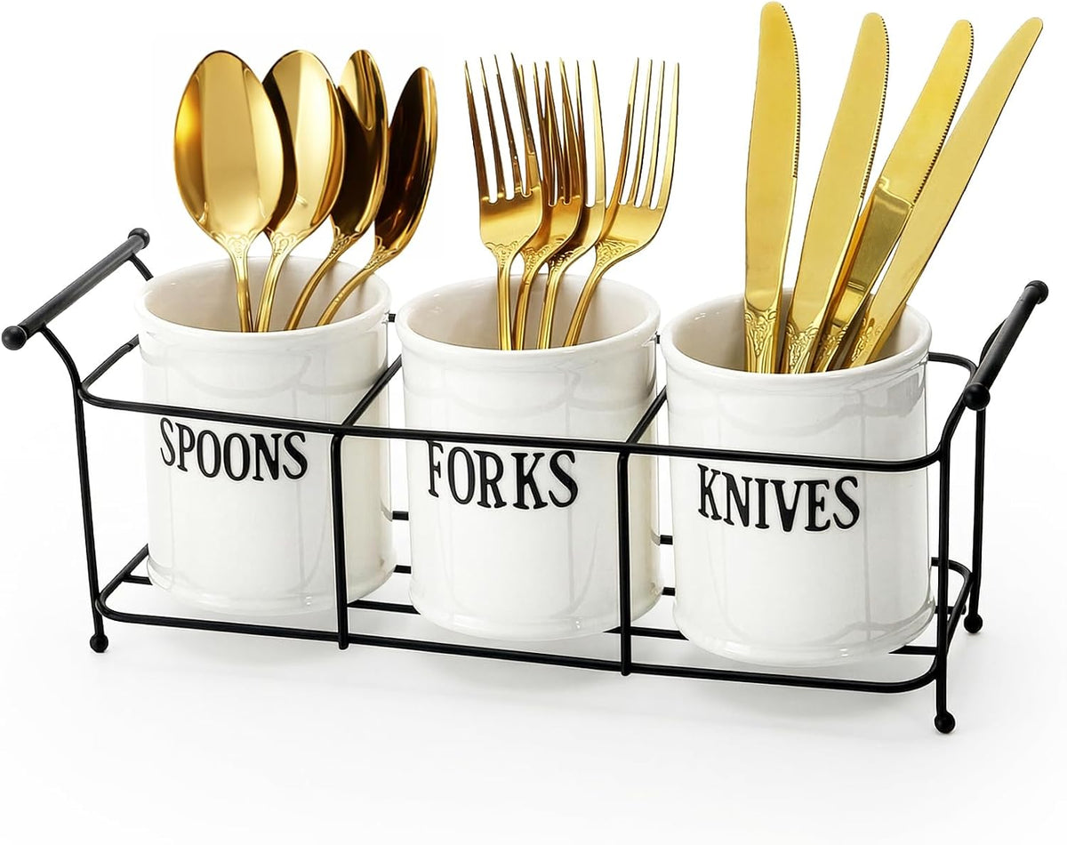 Bekith 3-Piece White Ceramic Silverware Caddy with Black Metal Rack, Utensil Holder Flatware Caddy Cutlery Storage Organizer for Kitchen Table, Cabinet or Pantry