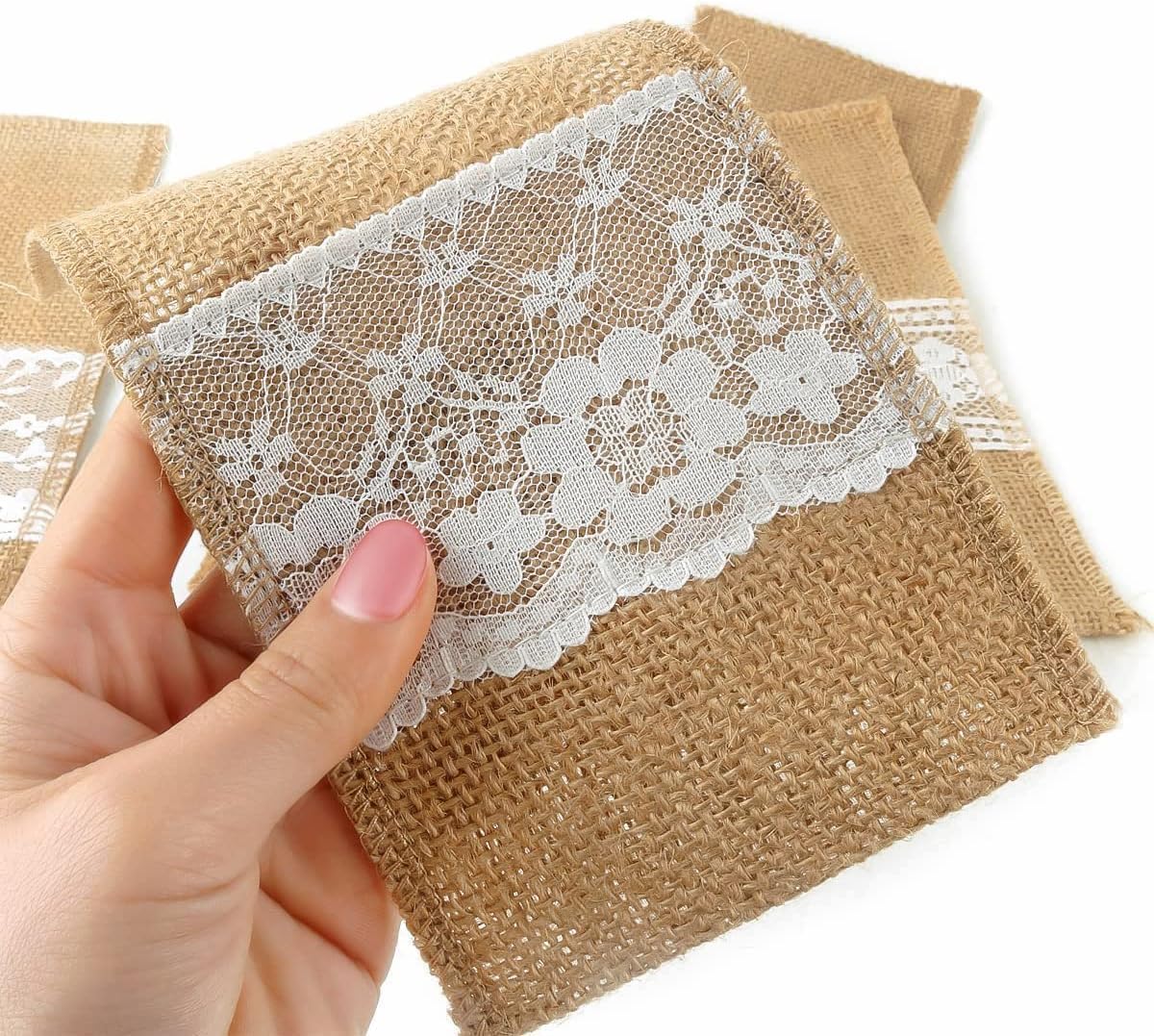 TM 100 Pack Natural Burlap Cutlery Holder Pouch Bag 4x8.5 Inch with Lace Silverware Napkin Holders Wedding Party Bridal Shower Table Setting Table Decoration