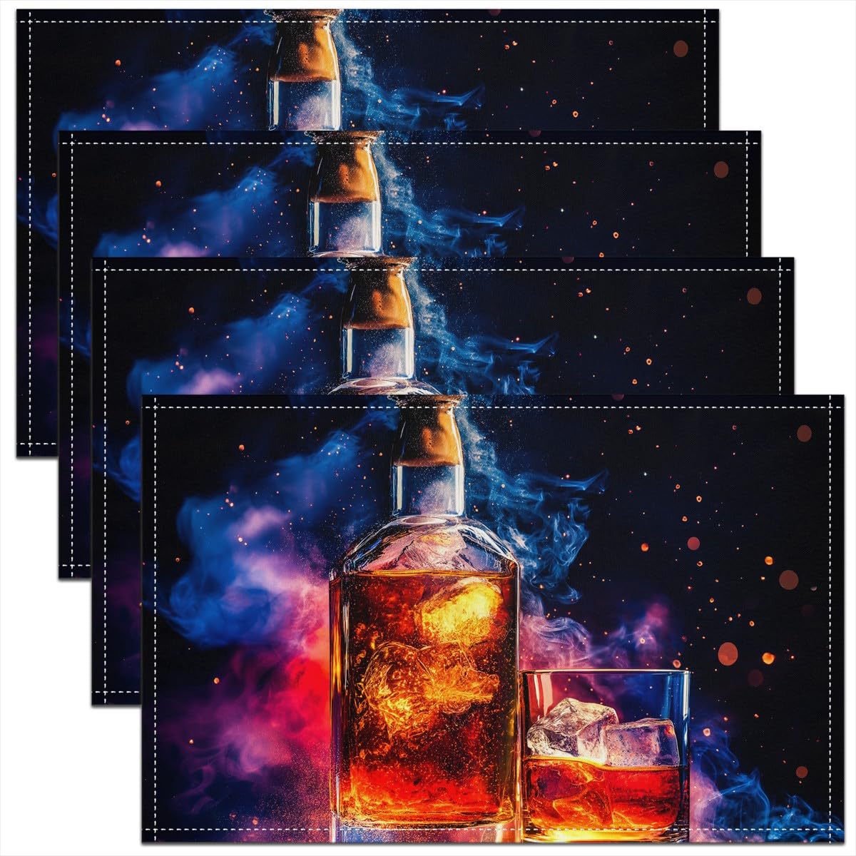 Whisky Placemats for Dining Table,Bar Wine Time Whisky Ice Glass Waterproof Table Place Mat for Party Decor,Rustic Brown Wooden Plank Retro Farmhouse 12"x18" Indoor Table Mats Set of 4