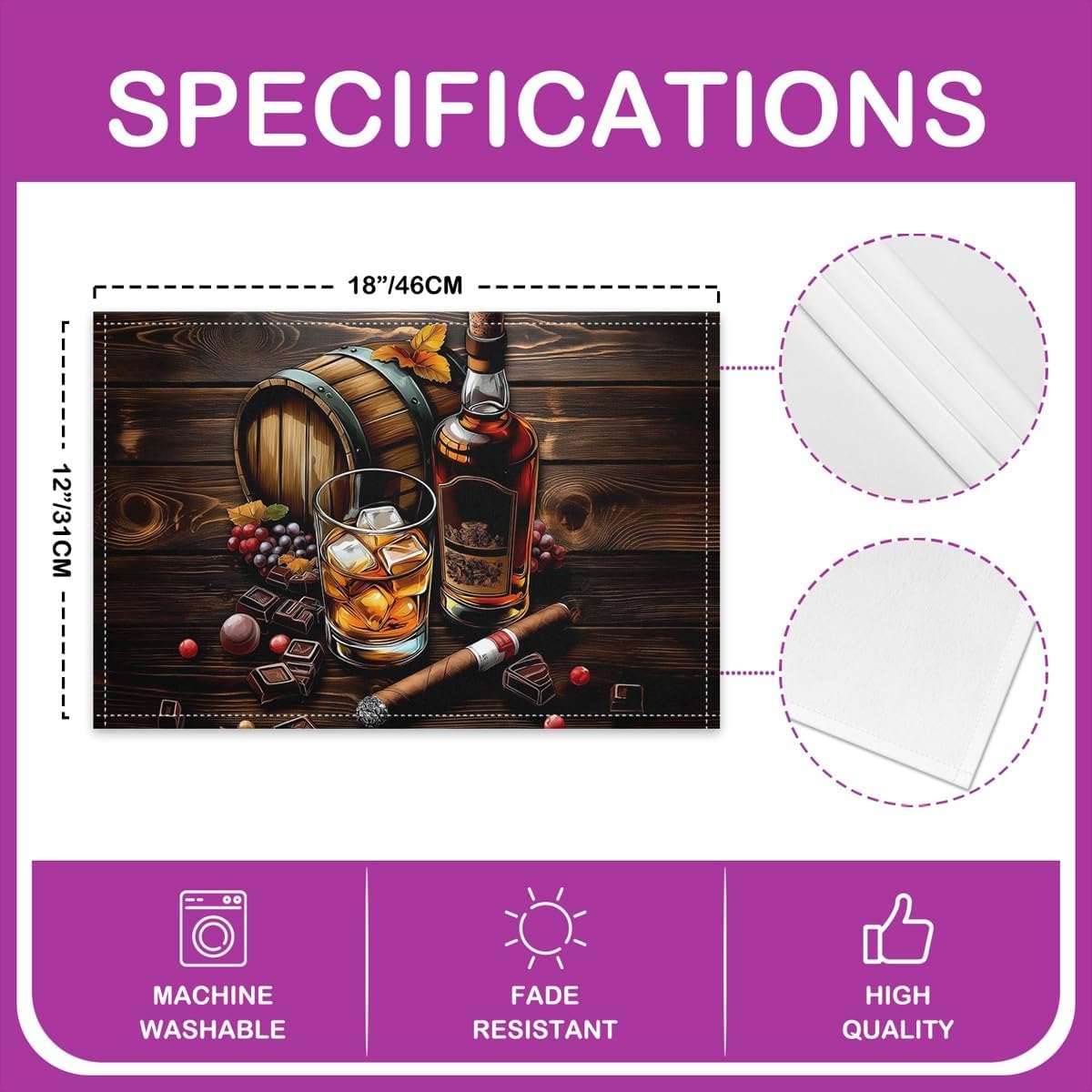 Whisky Placemats for Dining Table,Bar Wine Time Whisky Ice Glass Waterproof Table Place Mat for Party Decor,Rustic Brown Wooden Plank Retro Farmhouse 12"x18" Indoor Table Mats Set of 4
