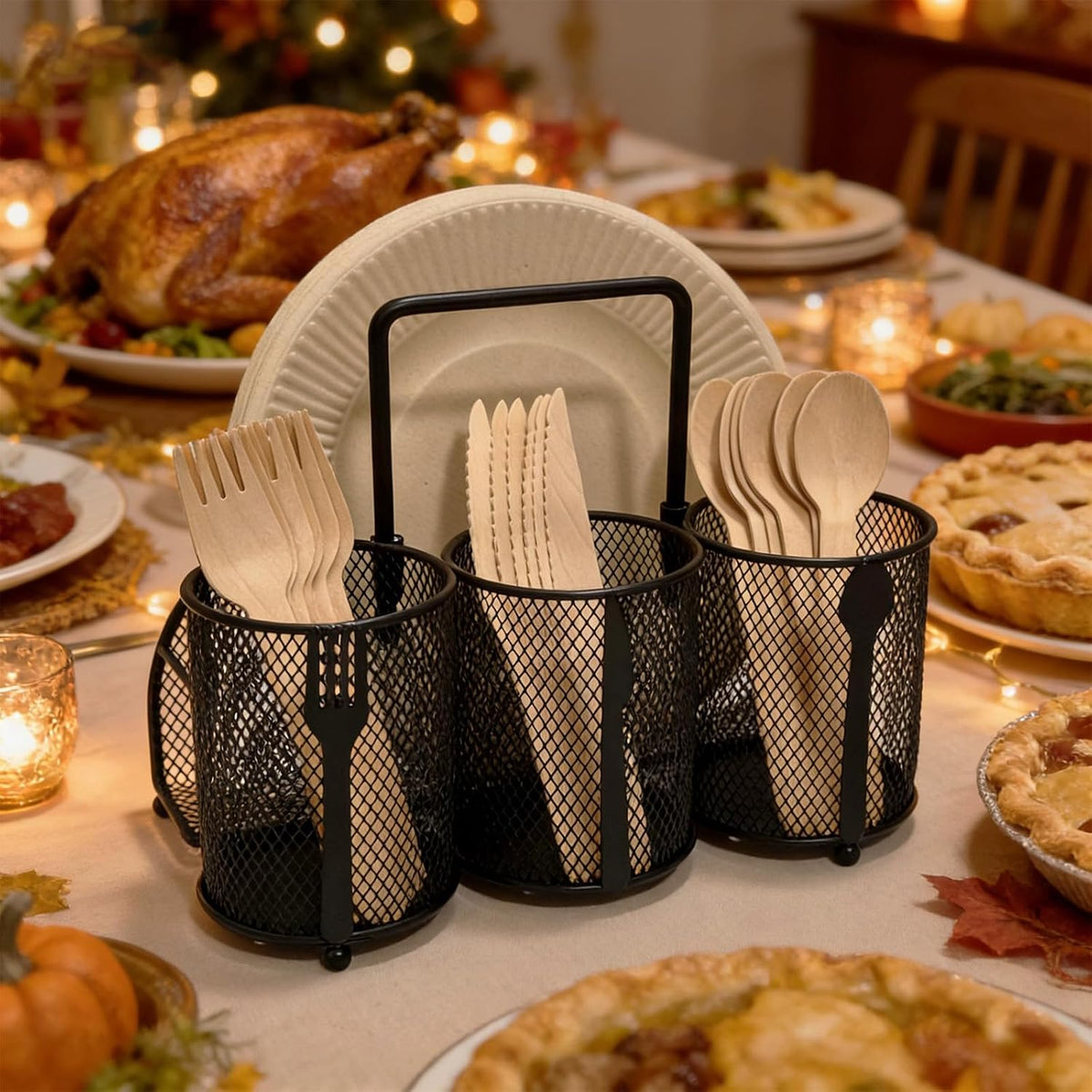 Silverware Organizer Utensil Caddy - 4 Compartment Metal Cutlery Holder Flatware Storage Basket Fork Spoon Napkin Paper Plate Kitchen Countertop Party Picnic Camping Buffet Outdoor (Black)