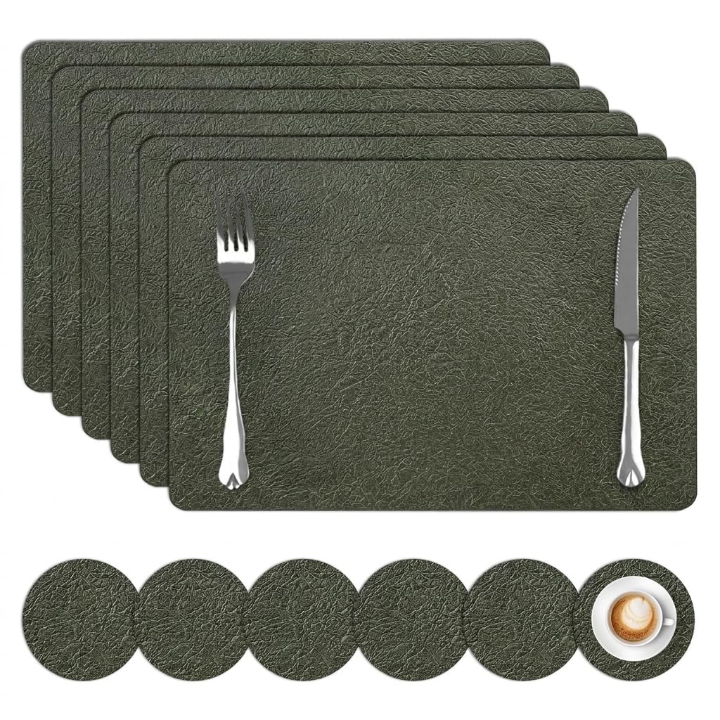 comfoyar Faux Leather Placemats Set of 6 with Coasters, 12x17inch Non-Slip Heat Resistant Dual-Sided Gold Crackled Place Mats, Washable Waterproof Table Mats for Kitchen Dining Party Table Decoration