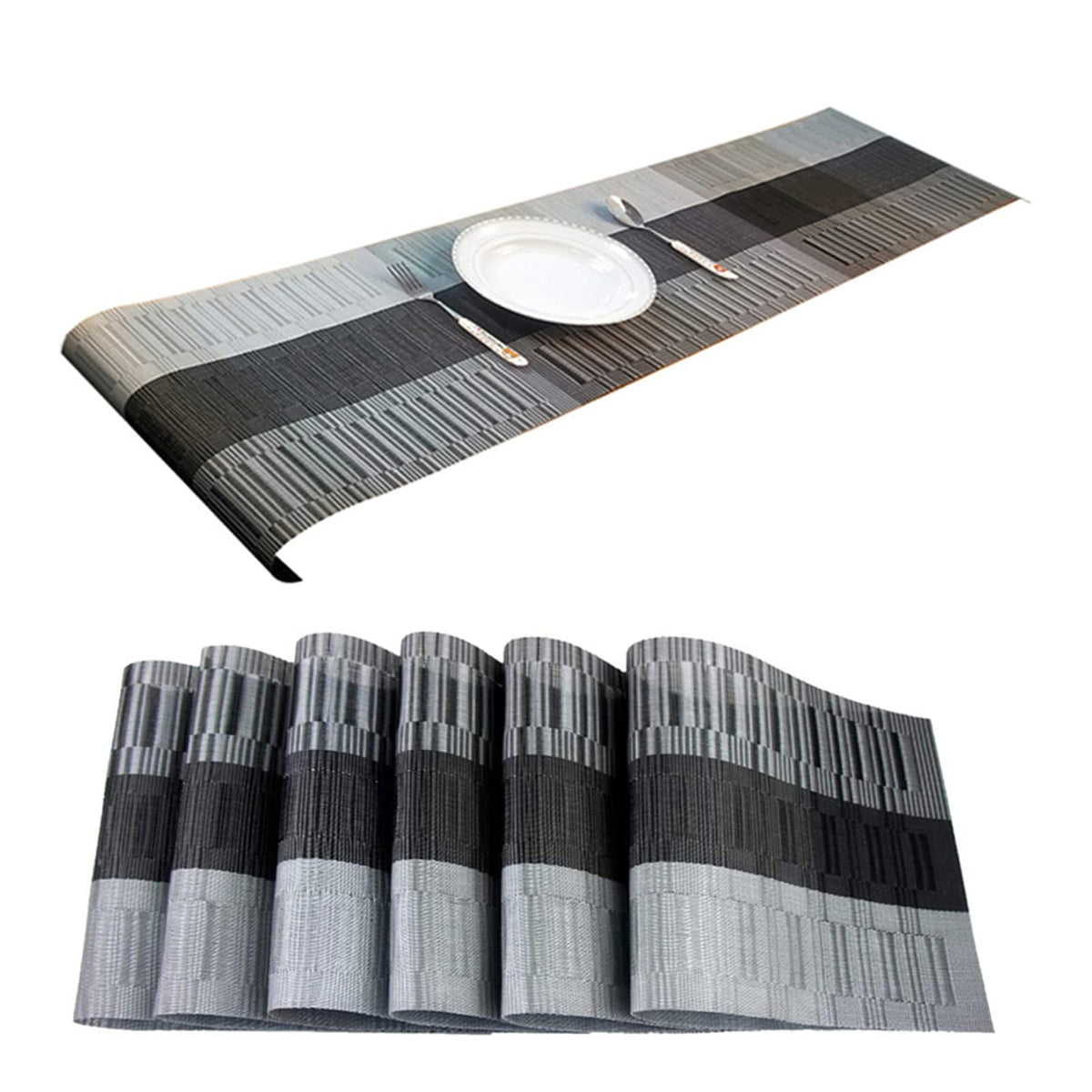 Placemats, Washable PVC Table Mats, Woven Vinyl Placemat for Dining Table Place Mats Set (6 Placemats and 1 Table Runner, Black and Grey)