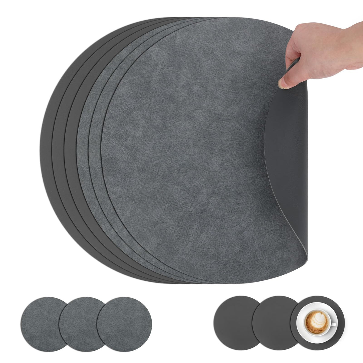 comfoyar Faux Leather Round Placemats with Coasters Set of 6, 13Inch Heat Resistant Dual-Sided Dark Brown Place Mats, Waterproof Washable Wipeable Table Mats for Kitchen Dining Party Table Decoration