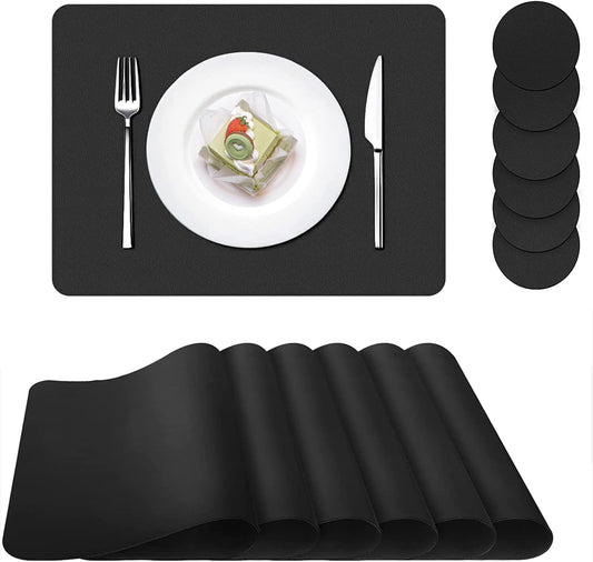 Placemats Set of 6, Leather Placemat with Coasters, Waterproof, Stain Resistant, Heat Resistant, Washable Wipeable, PU Table Mats for Kitchen Dining Table and Decor (Black Rectangle A, 6pcs)