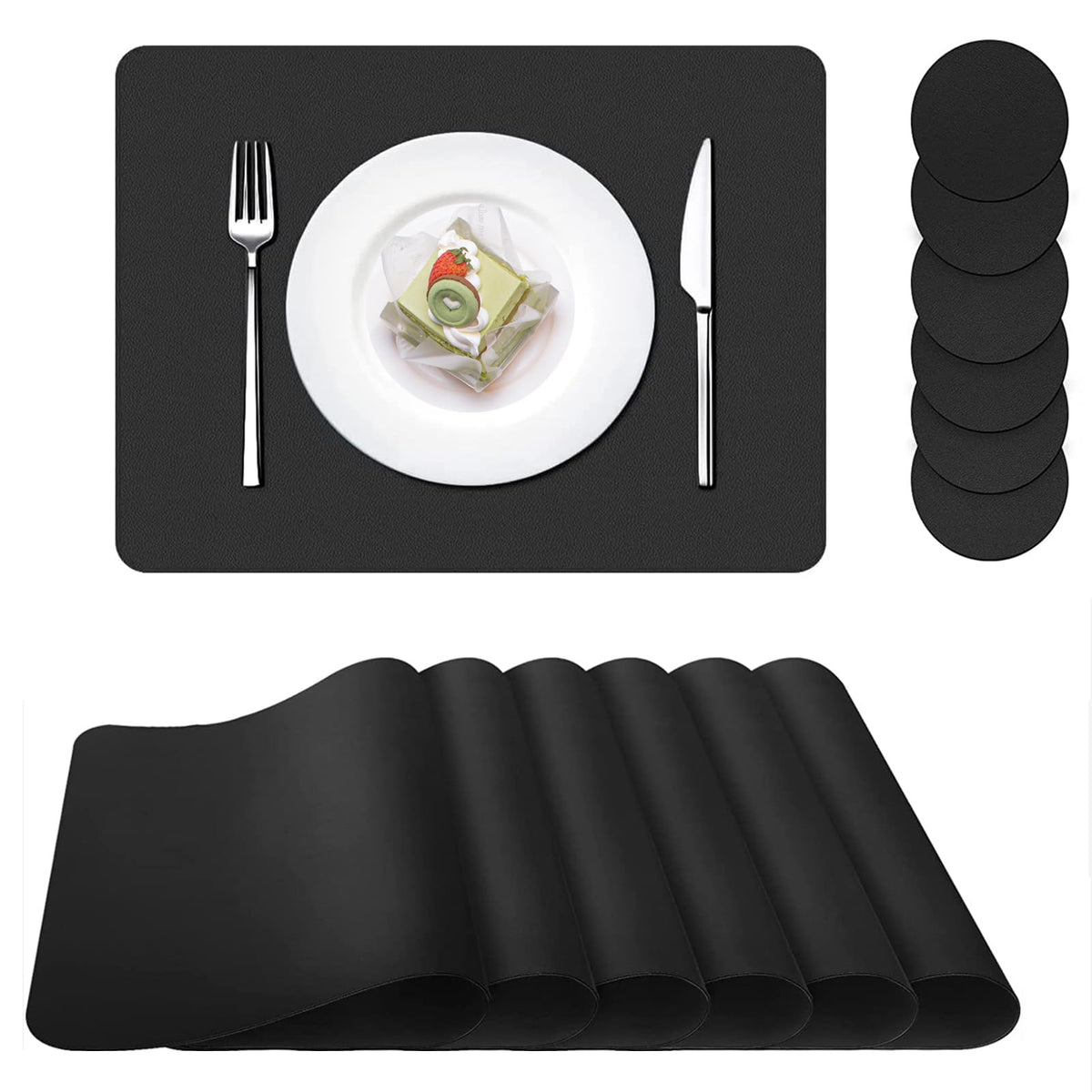 Placemats Set of 6, Leather Placemat with Coasters, Waterproof, Stain Resistant, Heat Resistant, Washable Wipeable, PU Table Mats for Kitchen Dining Table and Decor (Black Rectangle A, 6pcs)