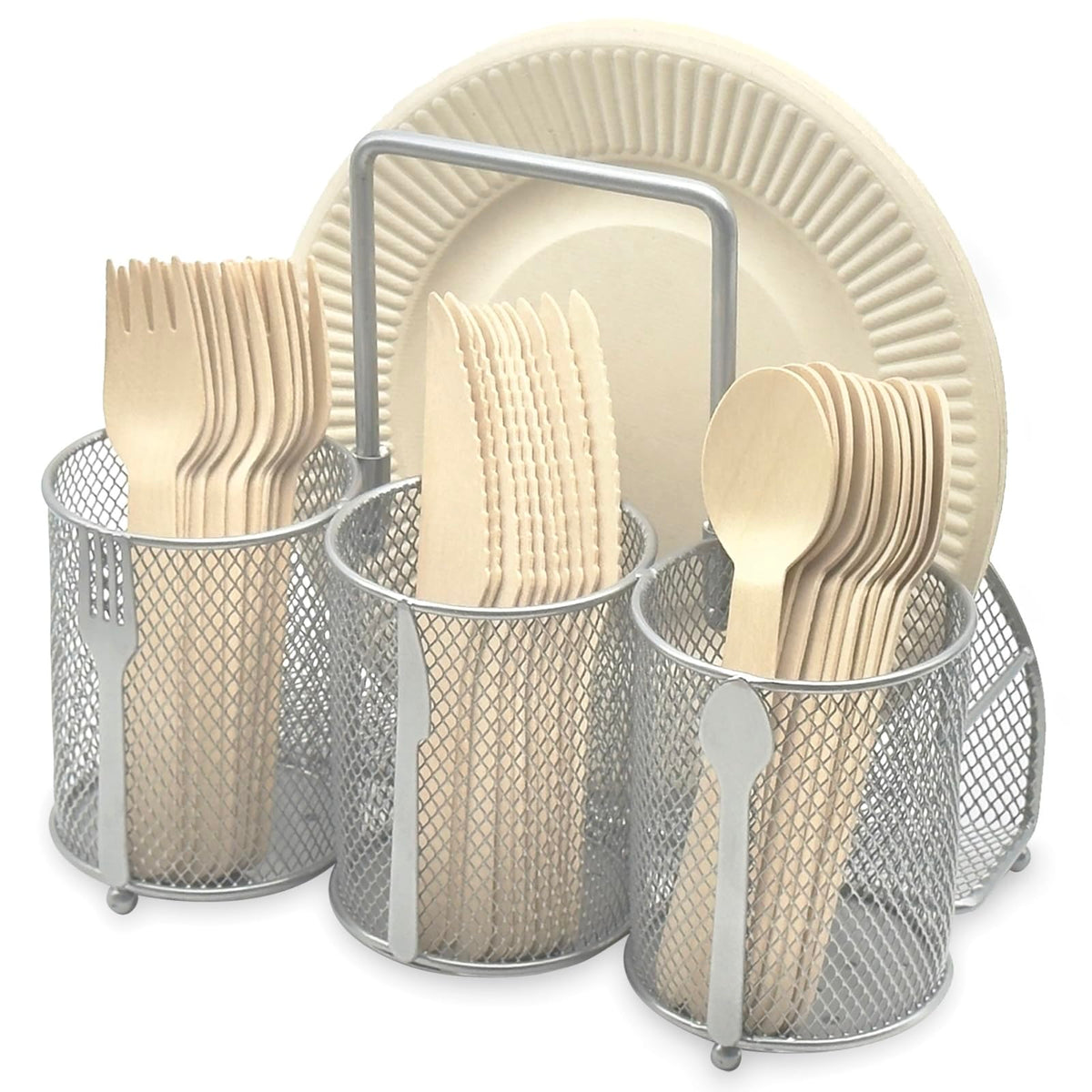 DysanVica Utensil Caddy Silverware Holder - 4 Compartment Metal Mesh Cutlery Fork Spoon Napkin Plate Organizer Flatware Storage Basket Party Kitchen Countertop Buffet Picnic Camping Outdoor BBQ Black