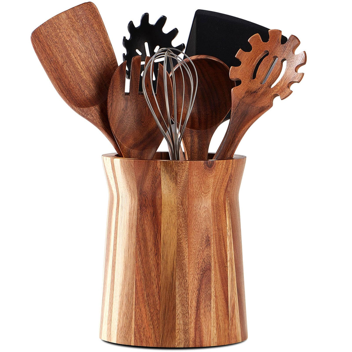 Acacia Wood Utensil Holder, 360° Rotating, Large Countertop Organizer, Farmhouse Kitchen Decor