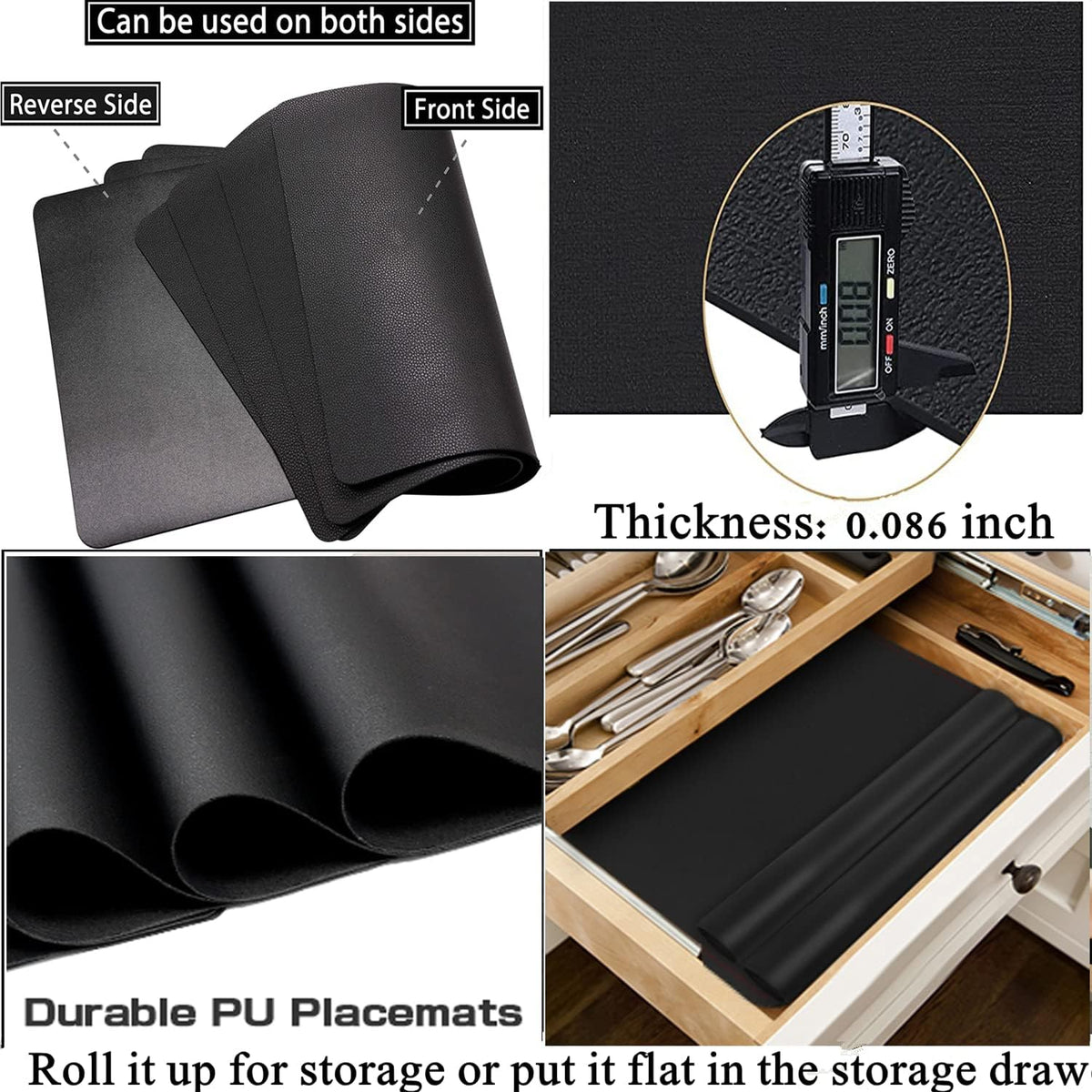 Placemats Set of 6, Leather Placemat with Coasters, Waterproof, Stain Resistant, Heat Resistant, Washable Wipeable, PU Table Mats for Kitchen Dining Table and Decor (Black Rectangle A, 6pcs)