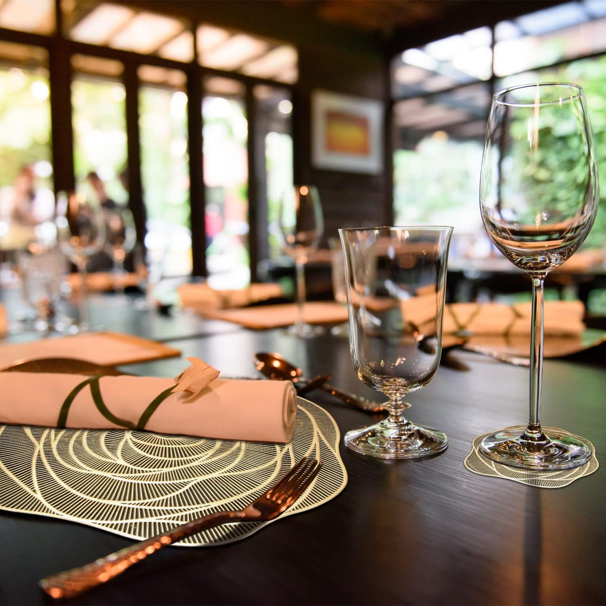 12 Pcs Round Pressed Vinyl Placemats Gold Placemat Coaster Set Metallic Place Mat Rose Floral Non Slip Table Mats for Wedding Dinner Party Table Supplies Washable Heat Resistant (Gold Rose, 12)