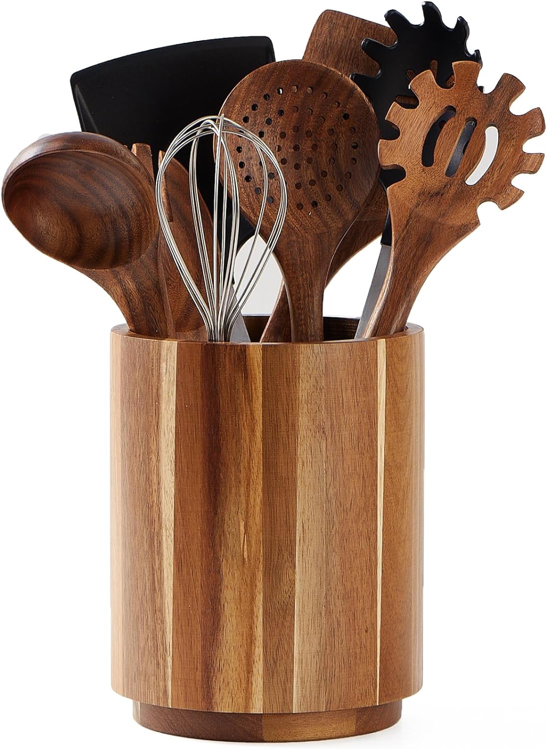 Acacia Wood Utensil Holder, 360° Rotating, Large Countertop Organizer, Farmhouse Kitchen Decor
