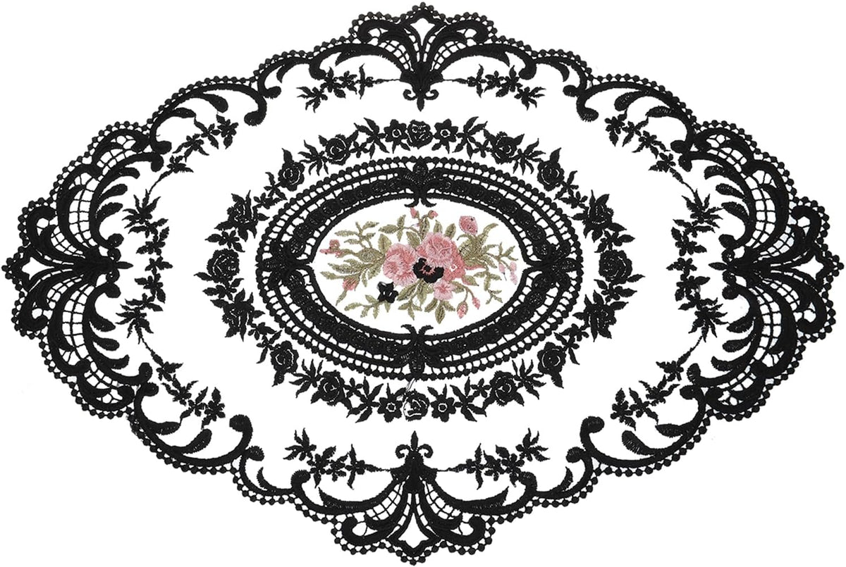 uxcell Retro Lace Placemat 12x16-in Oval Embroidered Table Place Mats French Crochet Doilies Coasters Cup Mat for Home Wedding, Black