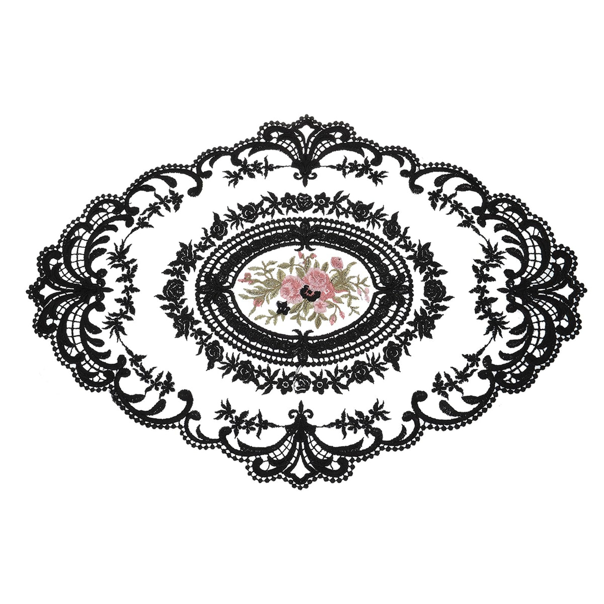 uxcell Retro Lace Placemat 12x16-in Oval Embroidered Table Place Mats French Crochet Doilies Coasters Cup Mat for Home Wedding, Black