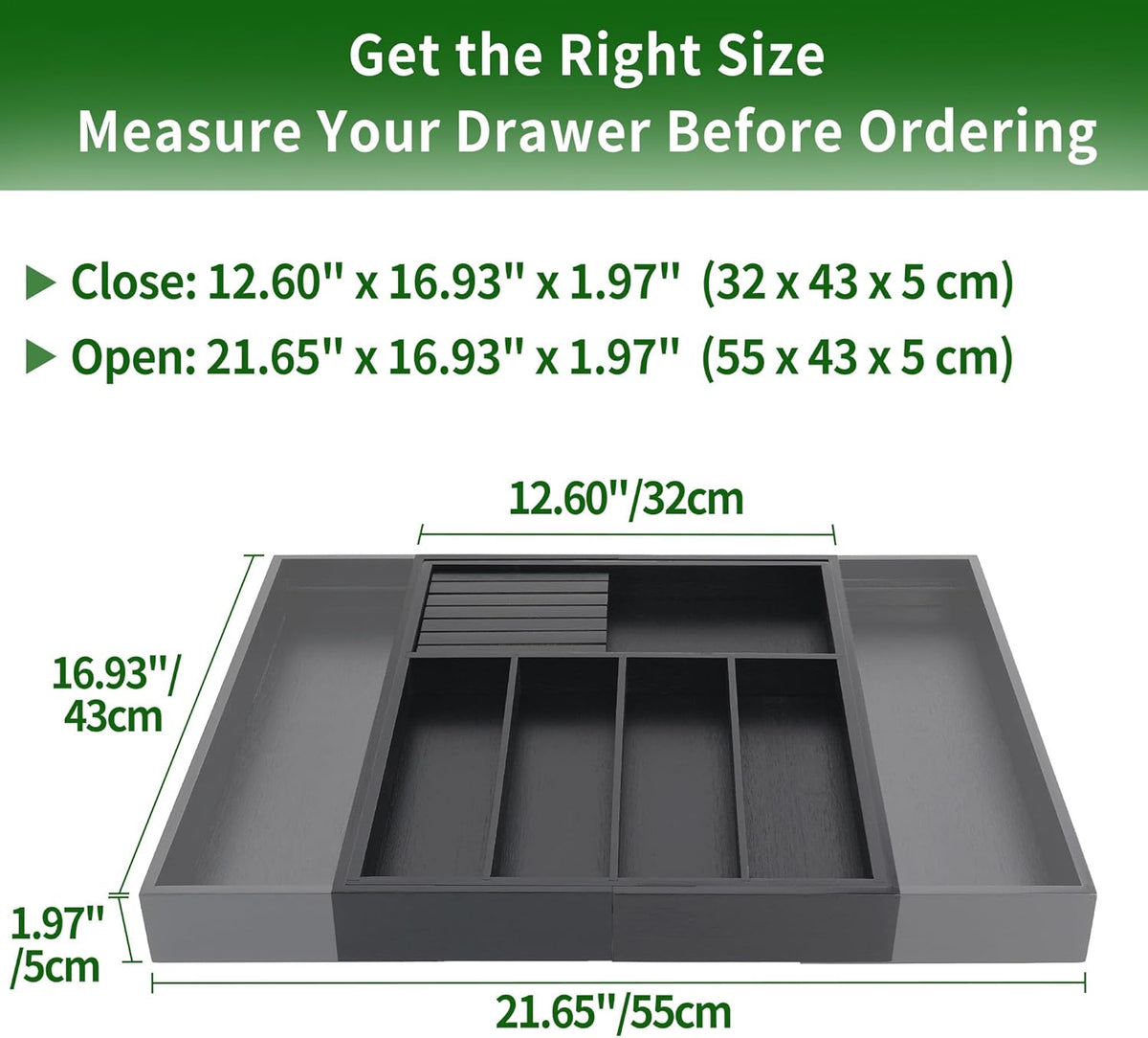 VaeFae Bamboo Silverware Drawer Organizer, 7 Slots, Black