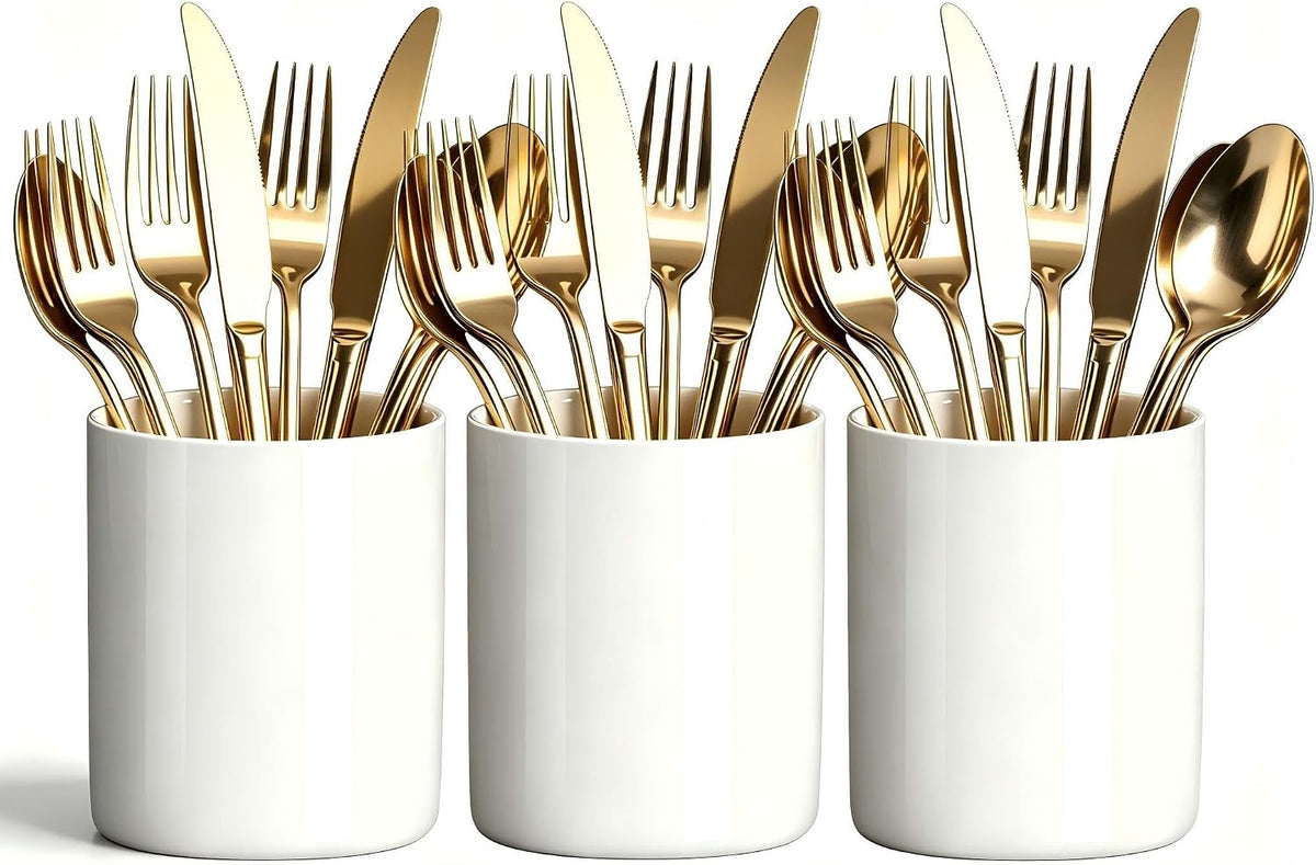 Utensils Holder, Caddy Cutlery Holder Silverware, Utensils Organizer Elegant white Porcelain, Spoon Holder for Party Tableware Holder for Kitchen Table, Cabinet
