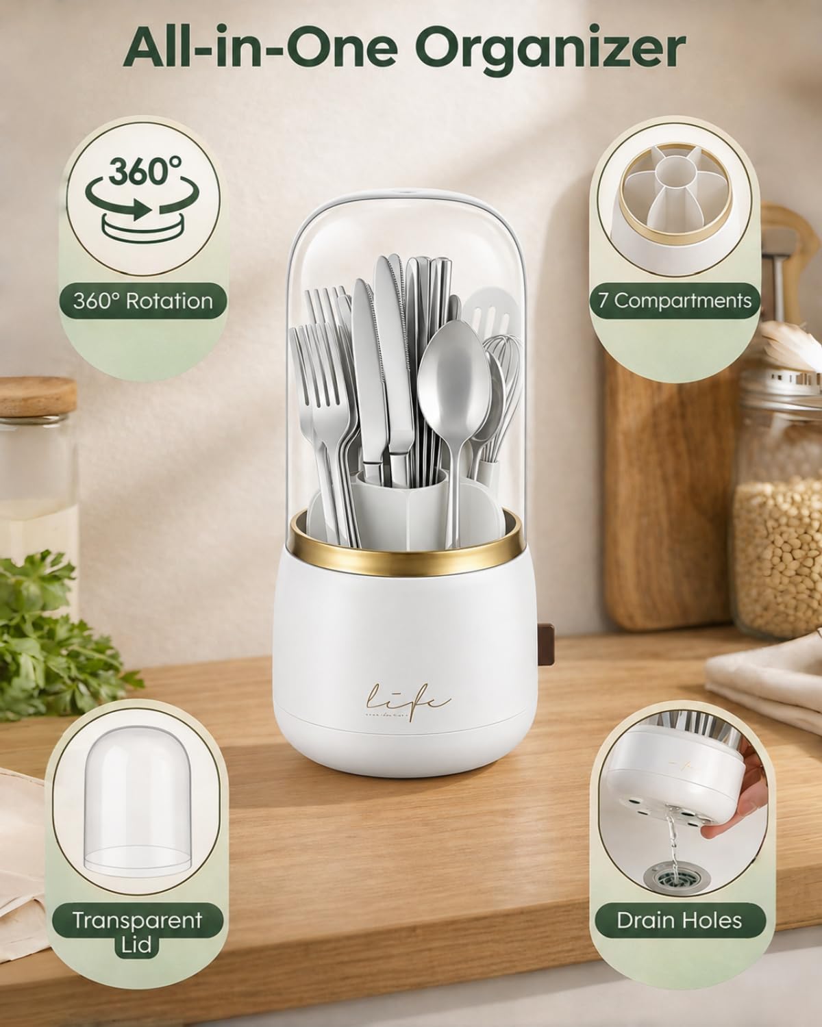 Silverware Organizer with Lid, 360° Rotation Utensil Holder for Kitchen Counter, Silverware Caddy for Party, 7 Slots Fits Standard Utensils & Most Steak Knives Up to 8.5 Inches(White)