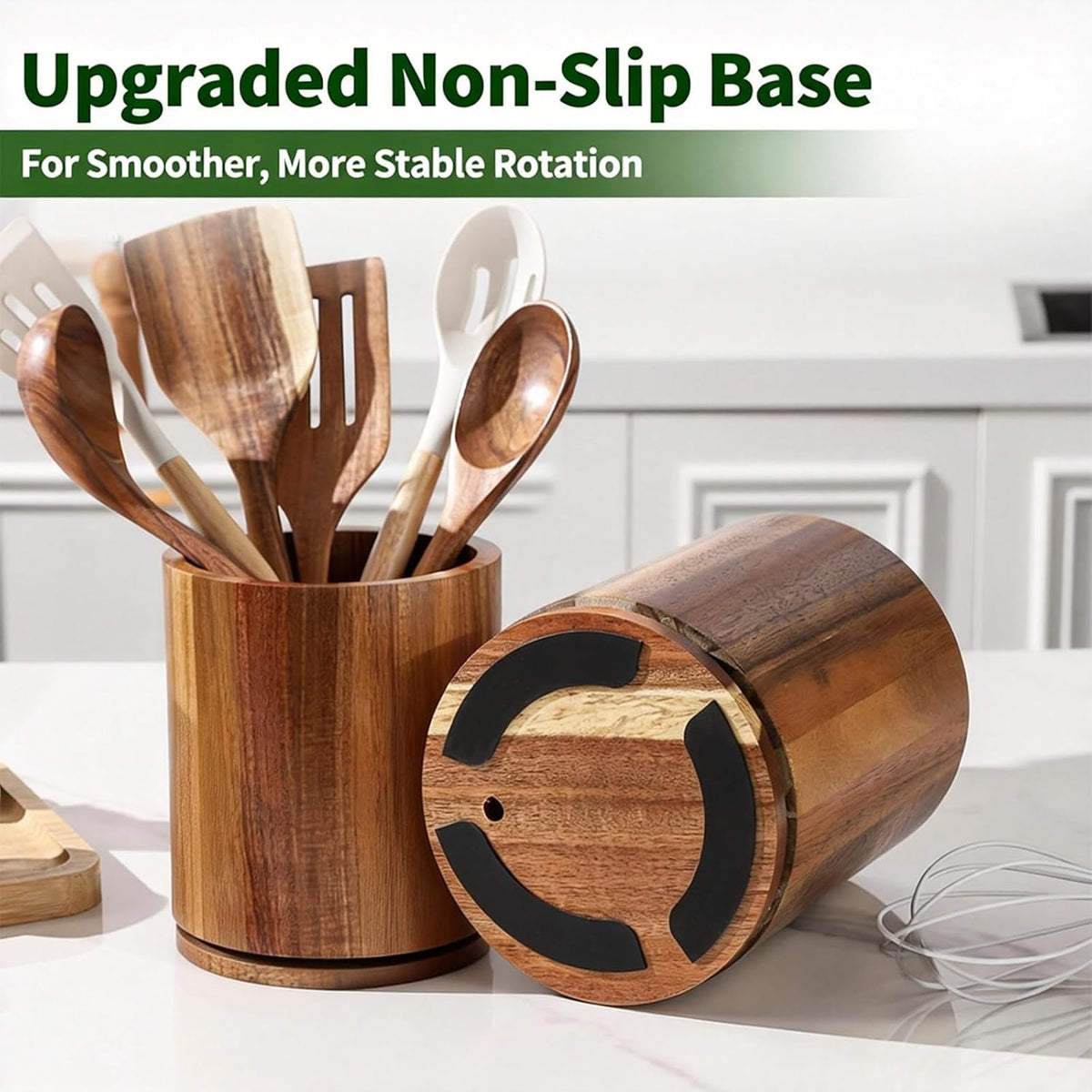Acacia Wood Utensil Holder, 360° Rotating 7.3 in Kitchen Organizer