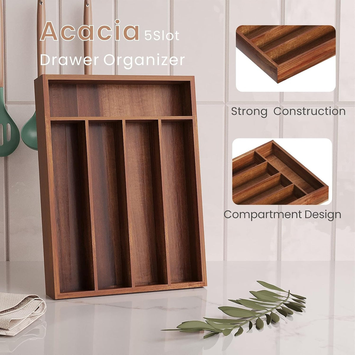Fibogollo Acacia Wood Silverware Organizer with 5 Slots for Kitchen