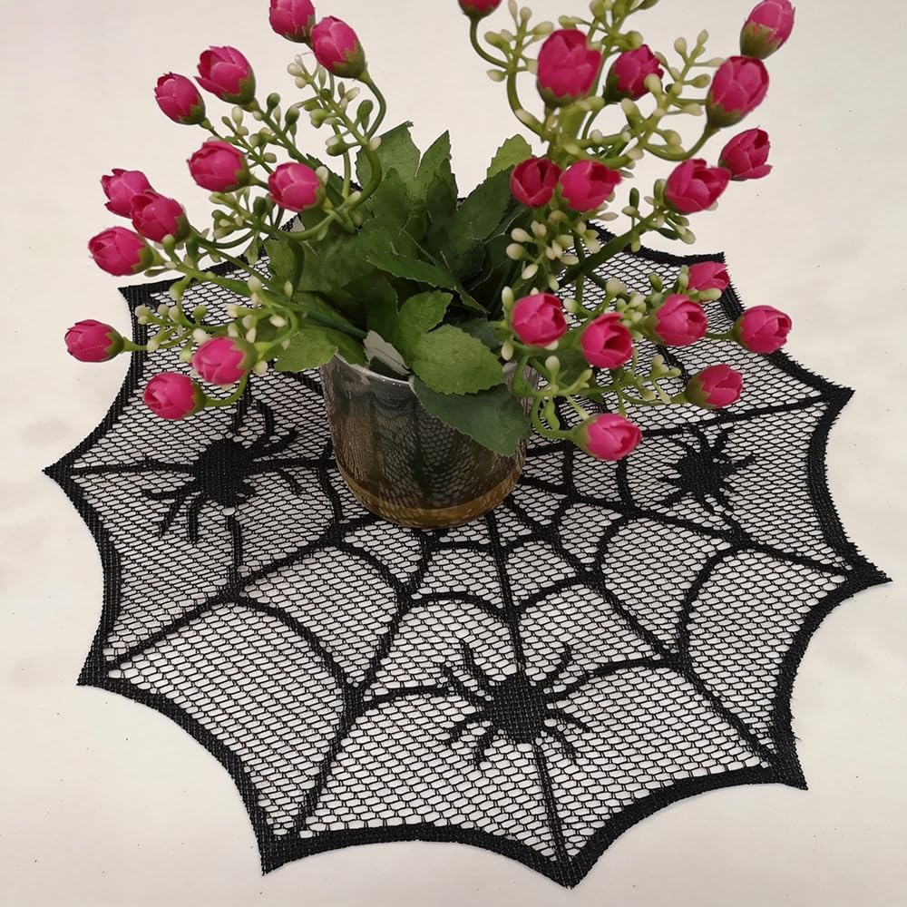4 Pcs Halloween Spider Wed Placemats 12inch Black Round Lace Gothic Table Mats Hollow Out Spiderweb Coasters for Halloween Kitchen Table Decoration
