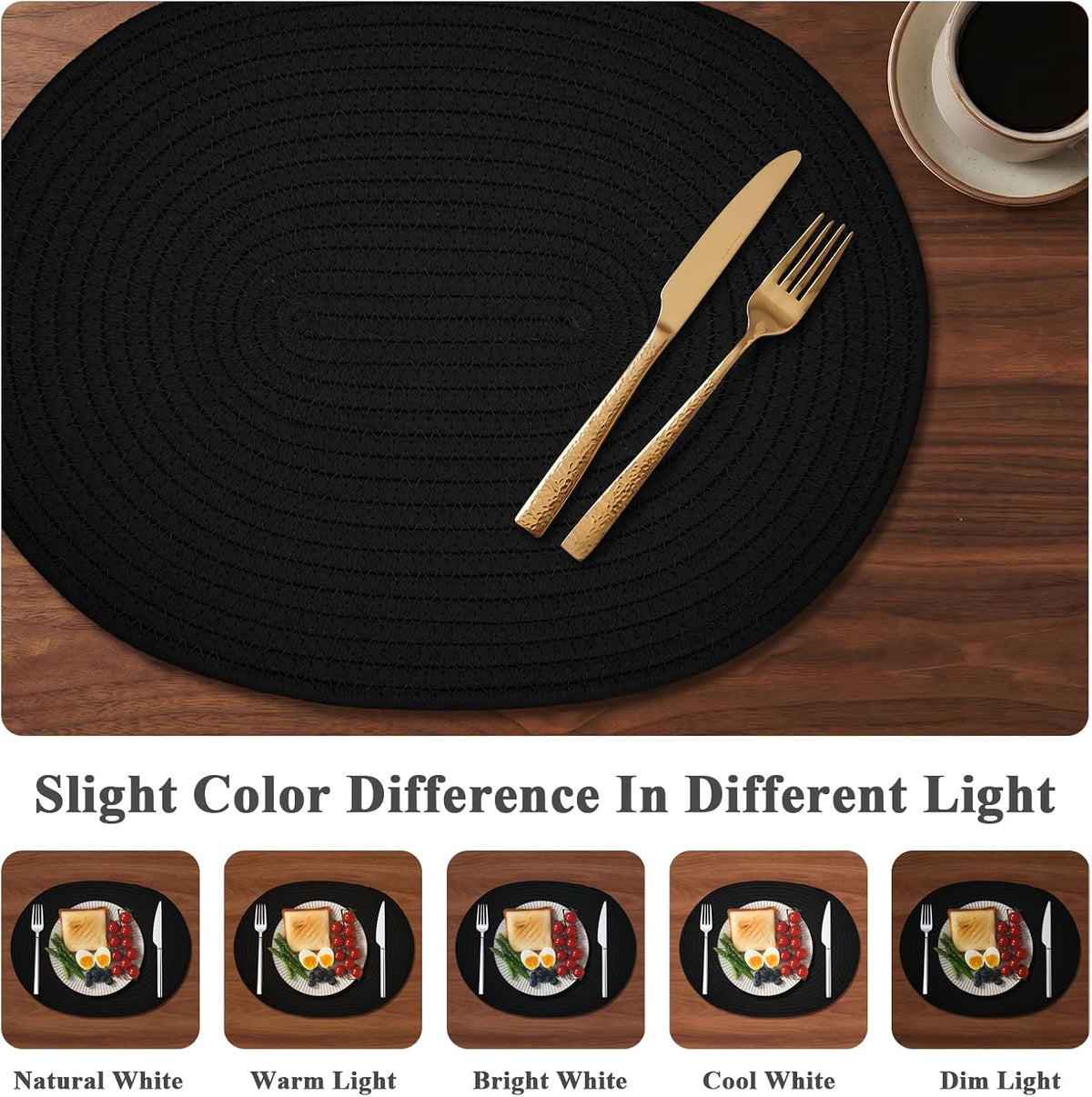 Oval Woven Cotton Placemats Set of 6, Thick Braided Rope Table Mats, 17 x 13 Inches Large Non Slip Heat Resistant Place Mats for Dining Table, Farmhouse Boho Hot Pads for Kitchen Decor (6, Black)