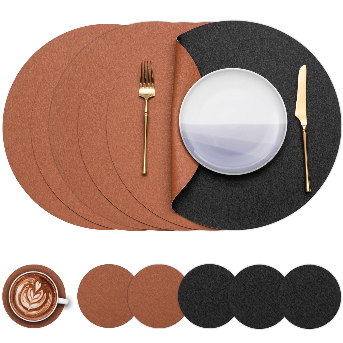 Myir JUN 15 Inches Round Placemats Set of 6 Faux Leather Place Mats