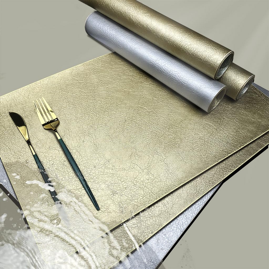 Elegant Placemats and Coasters Set 6, Vinyl Washable Place Mats with Non-Slip Stripes & Metallic Finish, Durable Dining Table Placemats Sets of 6, Dinner Table Mat with Coasters for Table Decor-Silver