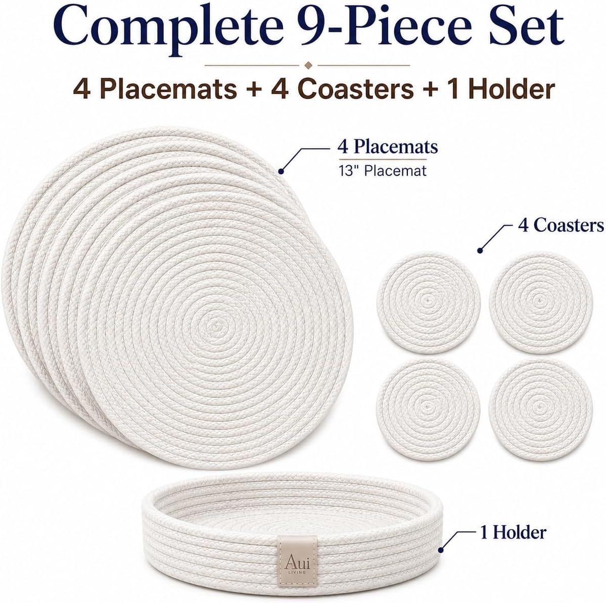 9-Piece Cotton Rope Placemats, Coasters & Holder, Off White