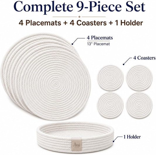 9-Piece Cotton Rope Placemats, Coasters & Holder, Off White