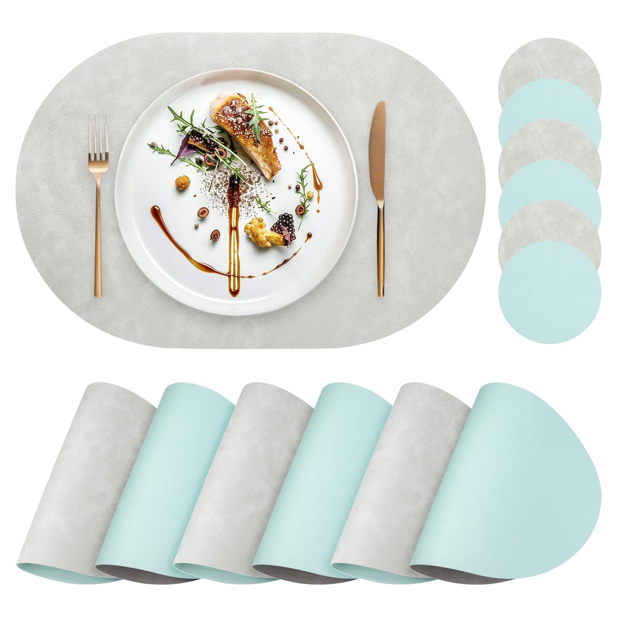 Faux Leather Placemats Set of 4 with Matching Coasters, Heat Resistant PU Oval Placemats, Waterproof Wipeable Washable Place Mats, Non-Slip Table Placemats for Dining Table Kitchen Patio