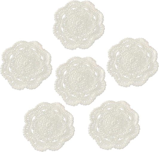 KuGuo Crochet Cotton Coasters, 6 Pack, 6 Inch Round, White