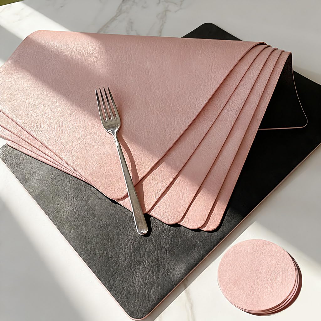 Elegant Placemats and Coasters Set 6, Vinyl Washable Place Mats with Non-Slip Stripes & Metallic Finish, Durable Dining Table Placemats Sets of 6, Dinner Table Mat with Coasters for Table Decor-Silver