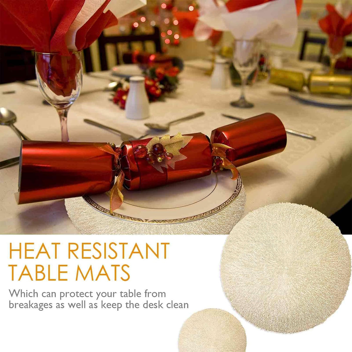 GIVERARE Placemats Set of 4, Round Heat-Resistant Vinyl Placemat, 15 inch Non-Slip Washable PVC Table Mat, Easy to Clean Premium Plastic Mats for Dining Table, Kitchen Table (Gold)