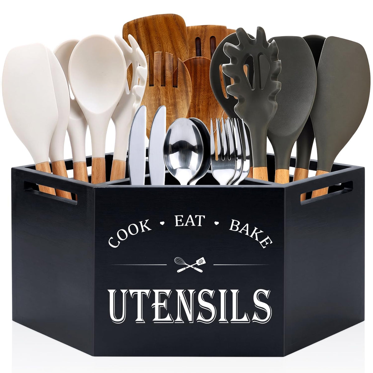 Large Black Wood Utensil Holder for Kitchen Decor Spoon Spatula Organizer
