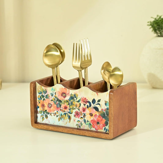 Brick Brown ® Premium Wooden Pastel Flora Cutlery Holder Spoon stand for kitchen | cutlery holder for dining table | wooden caddy storage organiser stand with 3 section Caddy holder (8.2x4.2x4 inch)