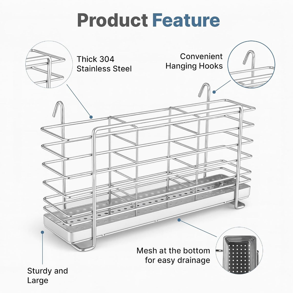 KESOL 304 Stainless Steel Utensil Holder Drying Rack with Hooks, 2x8.7x5