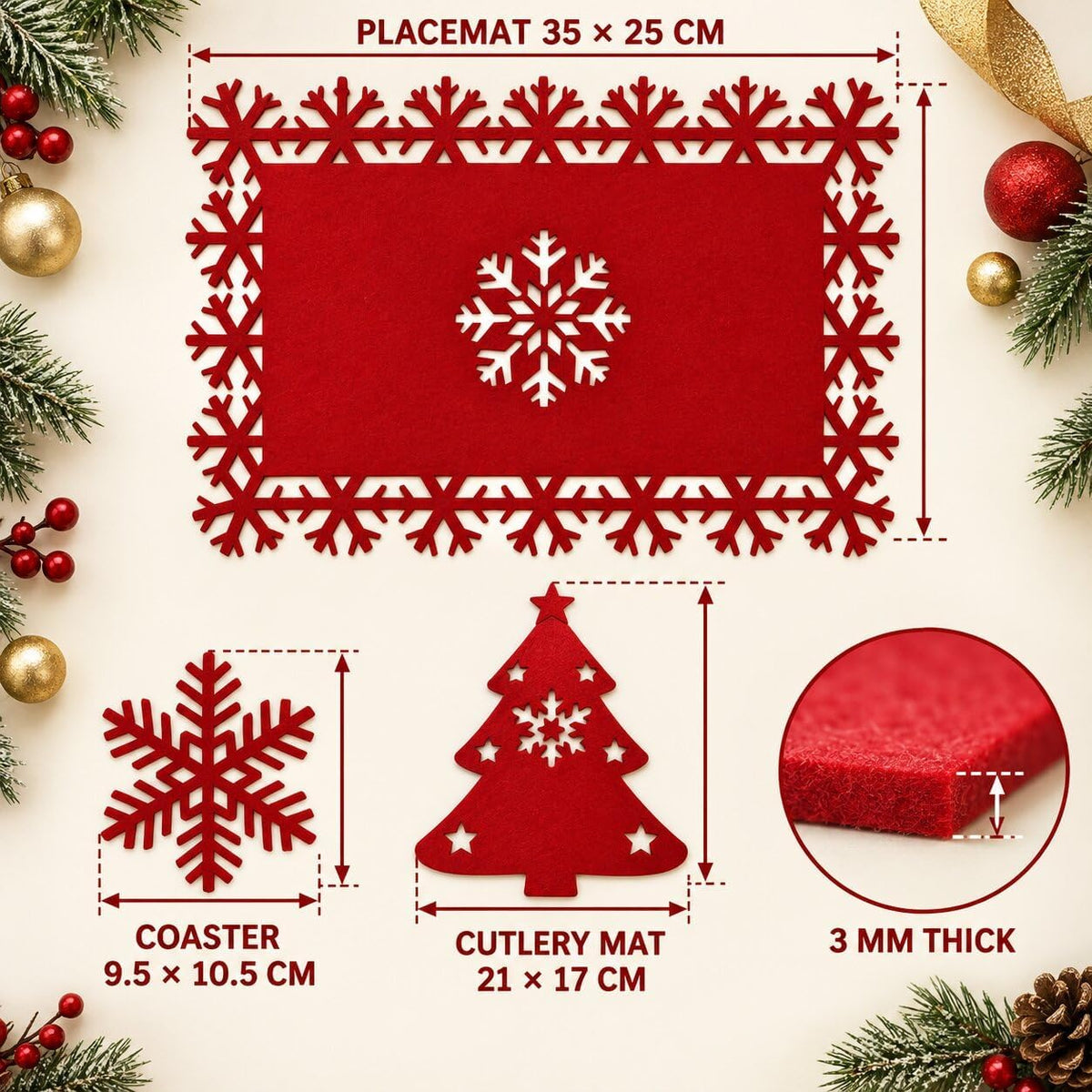 24 Pcs Red and Green Christmas Felt Place Mats and Coasters Set