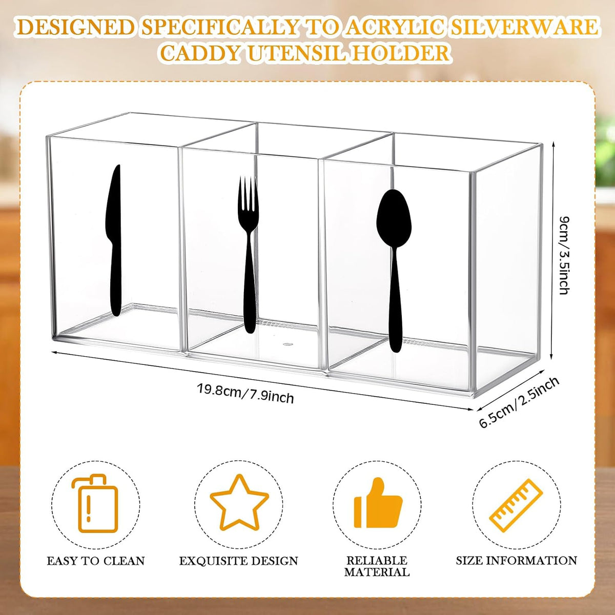 Suzile Acrylic Silverware utensil holder 3 Section,Rectangle,M,Clear