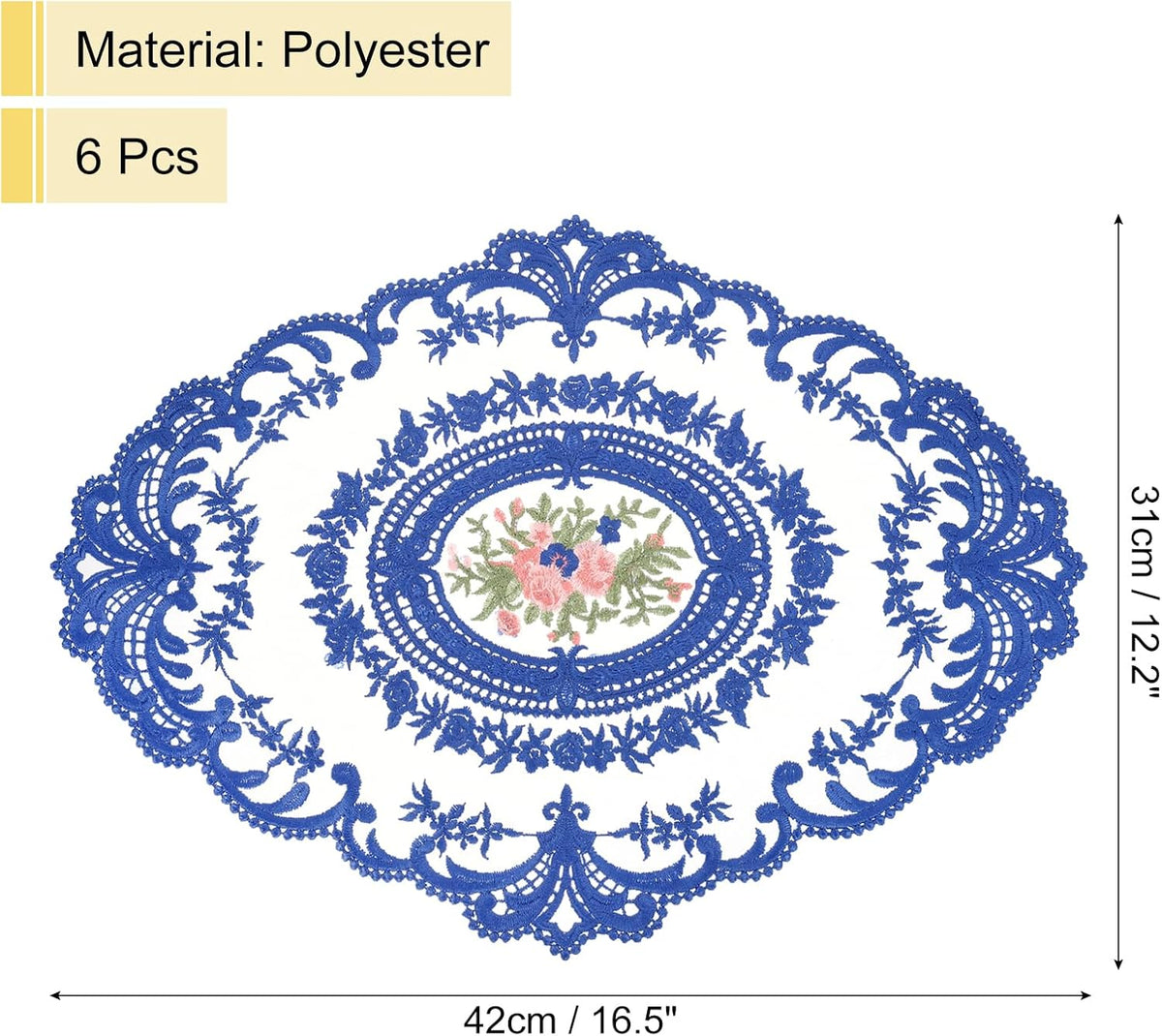 uxcell 6Pack Retro Lace Placemat 12x16-in Oval Embroidered Table Place Mats French Crochet Doilies Coasters Cup Mat for Home Wedding, Sapphire Blue
