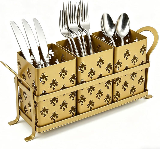 Silverware Holder with Bee Design, Metal Utensil Caddy with Handles
